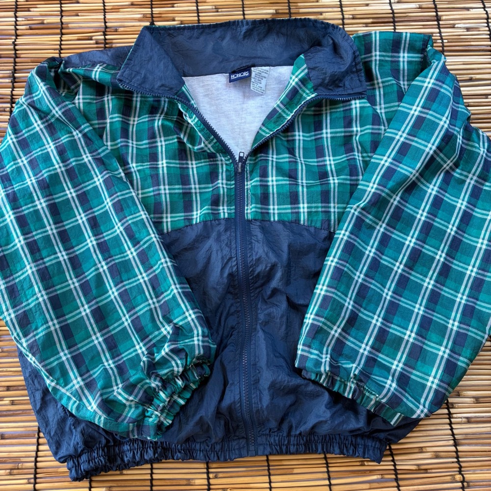 Vintage Honors Plaid Colorblock Windbreaker Jacket Navy Green Large Full Zip 90s